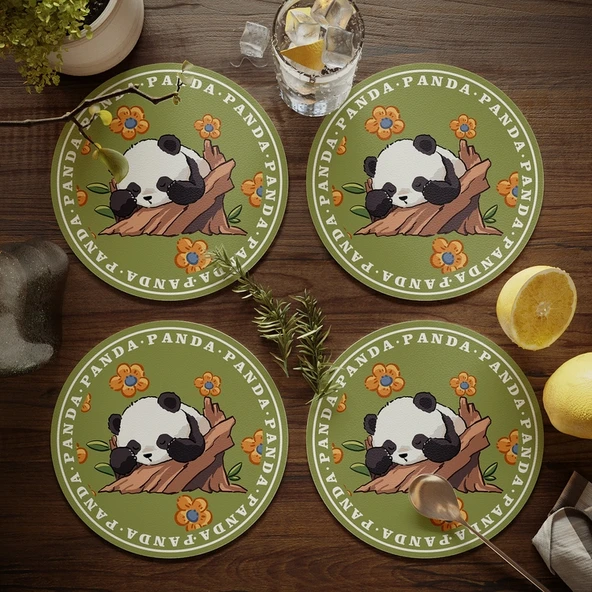 Dev Panda Çiçek Desenli Bardak Altlığı - Deri - 17cm - 4 Adet - Model 7