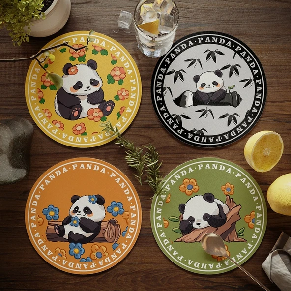 Dev Panda Çiçek Desenli Bardak Altlığı - Deri - 17cm - 4 Adet - Model 0B