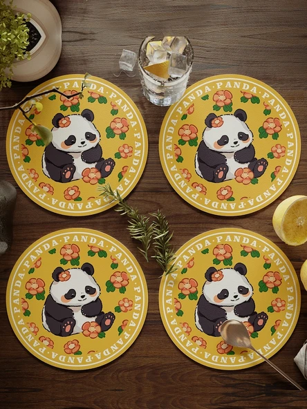 Dev Panda Çiçek Desenli Bardak Altlığı - Deri - 17cm - 4 Adet - Model 0A - 4