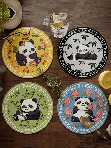 Dev Panda Çiçek Desenli Bardak Altlığı - Deri - 17cm - 4 Adet - Model 4 - 2