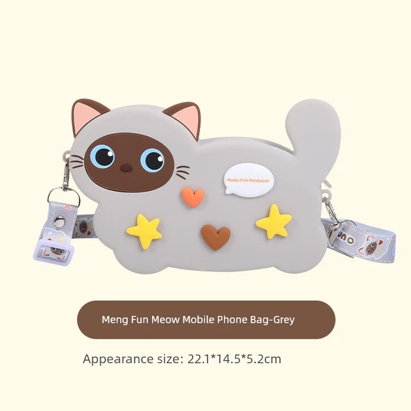 Çocuk Karikatür Kedi Desenli Bozuk Para Cüzdanı - Büyük Boy Tam Kedi Telefon Çantası - Gri