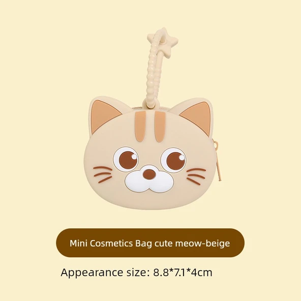 Çocuk Karikatür Kedi Desenli Bozuk Para Cüzdanı - Mini Kozmetik Çantası - Bej