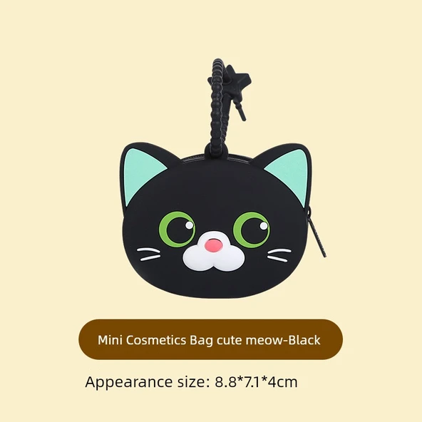 Çocuk Karikatür Kedi Desenli Bozuk Para Cüzdanı - Mini Kozmetik Çantası - Siyah
