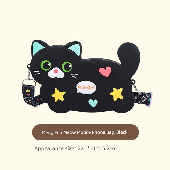 Çocuk Karikatür Kedi Desenli Bozuk Para Cüzdanı - Büyük Boy Tam Kedi Telefon Çantası - Siyah