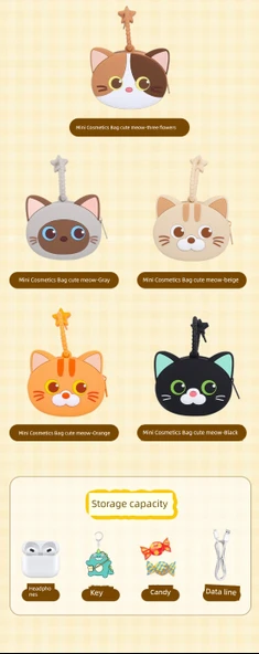 Çocuk Karikatür Kedi Desenli Bozuk Para Cüzdanı - Mini Kozmetik Çantası - Bej - 8