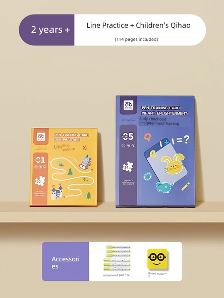 Çocuklar için Kalem Kontrolü Alıştırma Kitabı - 2 Yaş + 114 Sayfa Çizgi, Sayı ve Pinyin (12 Kalem, 2 Silgi)