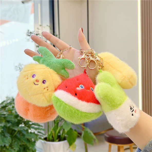 Sevimli Vizon Tüylü Meyve Sebze Bebek Anahtarlık - 14cm Mango, 8-14cm Altın Metal Toka - 10
