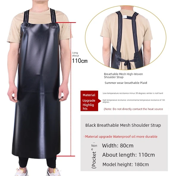 Su Geçirmez PVC Mutfak Önlüğü - Siyah, Dayanıklı, File Omuz Askılı, Uzun Boy 80x110