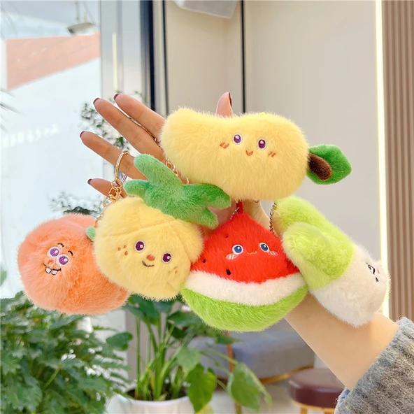 Sevimli Vizon Tüylü Meyve Sebze Bebek Anahtarlık - 14cm Mango, 8-14cm Altın Metal Toka - 7