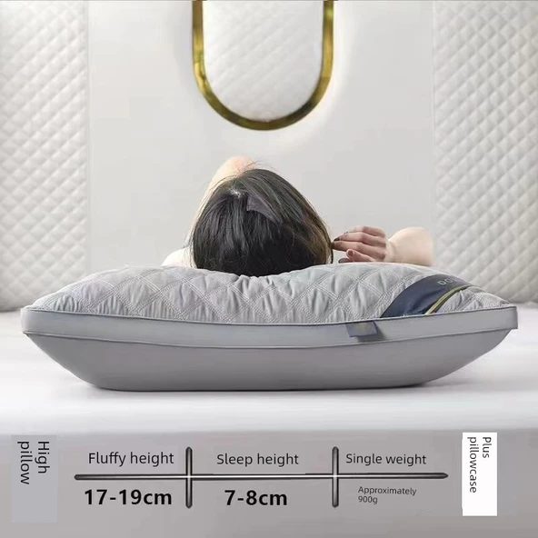 Yıkanabilir Otel Yastık - Çift Taraflı Kapitone ve İşlemeli Gri Yüksek Yastık + Yastık Kılıfı Çifti