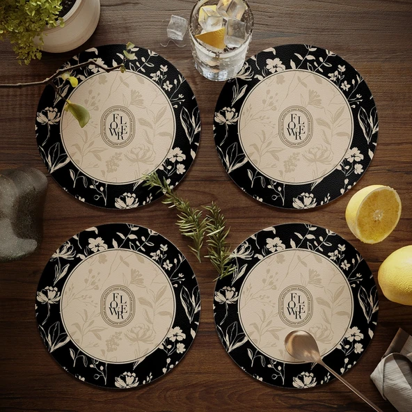 Nordik Stil PU Deri Bardak Altlığı - Krem Rüzgar 5 - 17cm (4'lü Set)