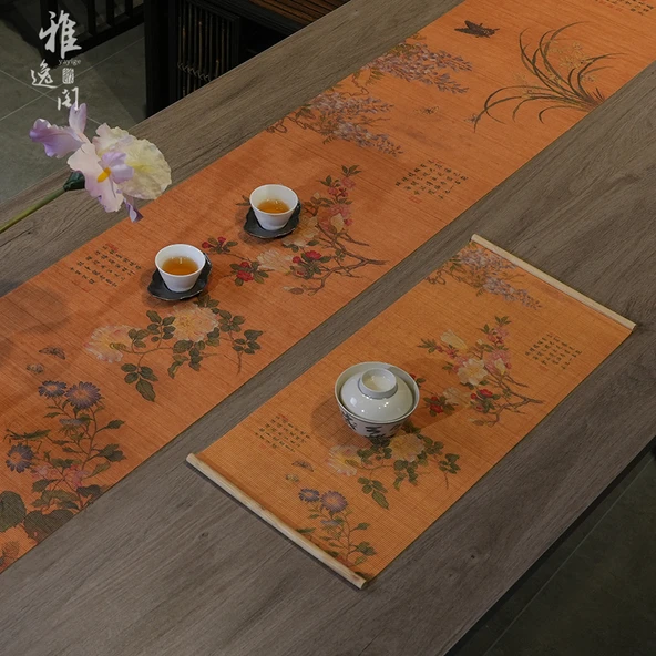 El Yapımı Bambu Çay Matı - Yüz Çiçek - 30x120cm - Küçük Masa Hediyeli