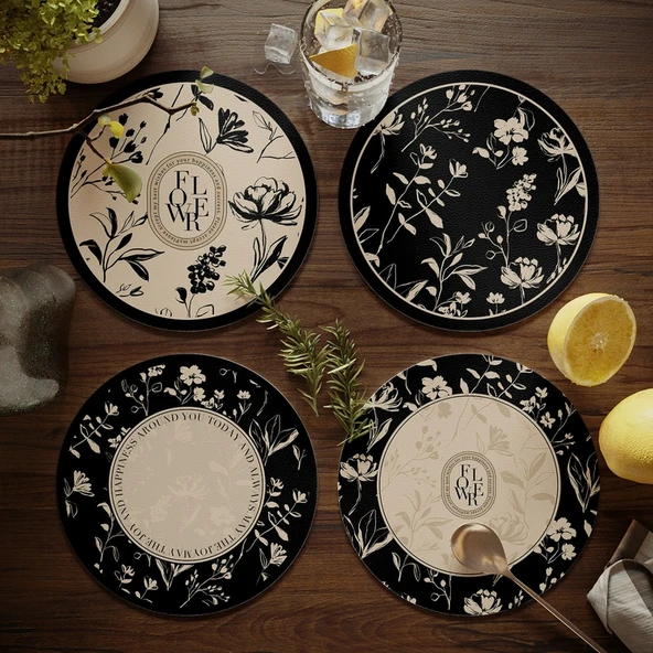 Nordik Stil PU Deri Bardak Altlığı - Krem Rüzgar 0B - 17cm (4'lü Set) - 9