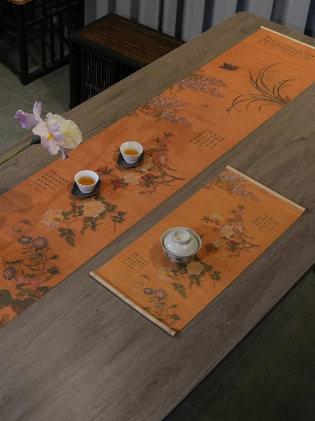 El Yapımı Bambu Çay Matı - Yüz Çiçek - 30x120cm - Küçük Masa Hediyeli - 2