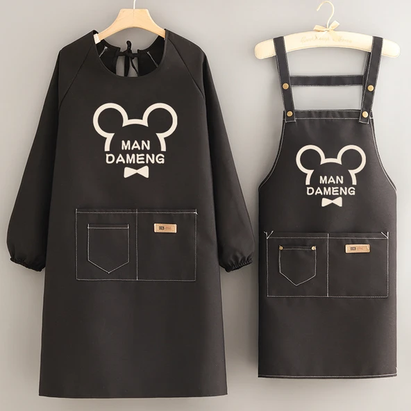 Kanvas Uzun Kollu Önlük - Şık Eskiz Mickey Siyah + Askılı