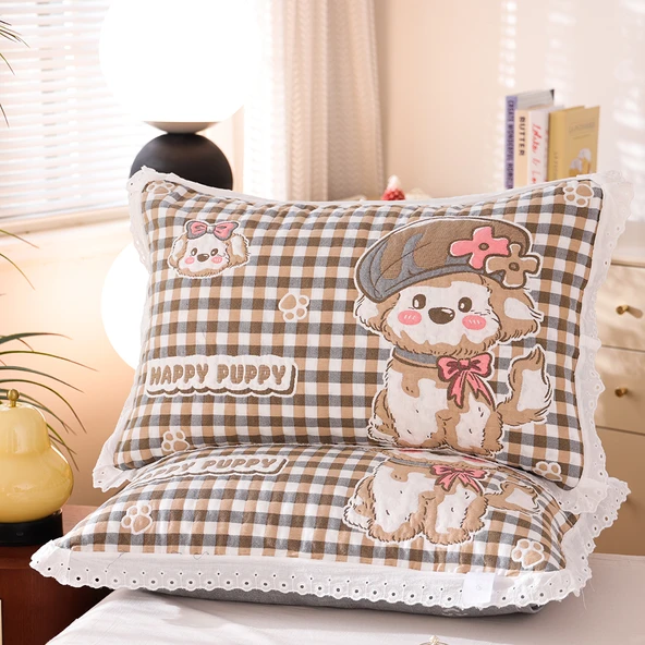 Dantelli Pamuklu Gazlı Yastık Kılıfı Çifti - Zengin Köpek 48cm x 74cm