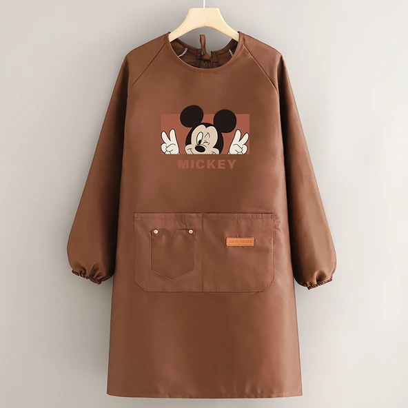 Polyester Pamuk Uzun Kollu Önlük - Şık Mick Mickey Kahve