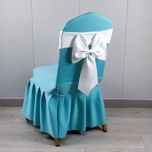 Banket Sandalye Kılıfı Fiyonklu - Tiffany ve Beyaz Fiyonklar