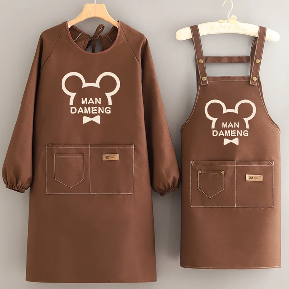 Kanvas Uzun Kollu Önlük - Şık Eskiz Mickey Cafe + Askılı