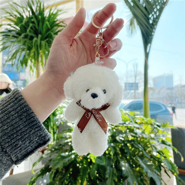 Peluş Köpek Yavrusu Altın Tokalı Papyonlu Anahtarlık - 11cm