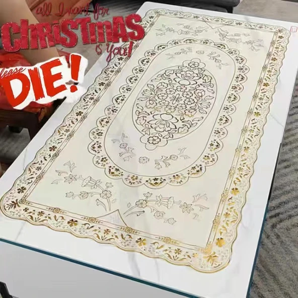 PVC Bronz Desenli Masa Örtüsü - Altın 2 Dikdörtgen 60x120cm