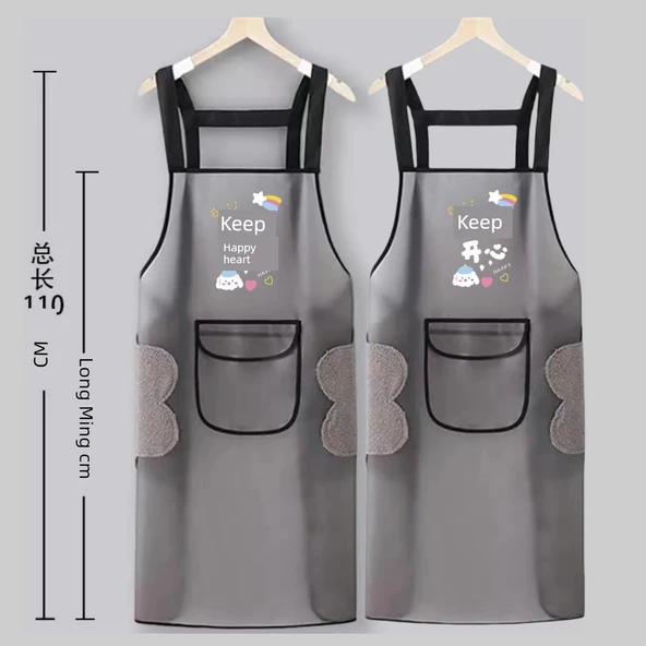 TPU Şeffaf Su Geçirmez Önlük - Askılı Su Geçirmez Mutlu Desenli 95cm Cepli Havlulu