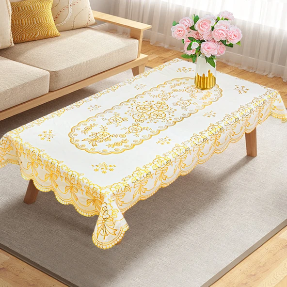 PVC Bronz Desenli Masa Örtüsü - Altın 1 Dikdörtgen 90x150cm