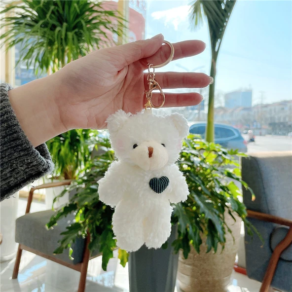 Peluş Ayıcık Anahtarlık - Altın Tokalı Yeşil Kalpli - 11cm