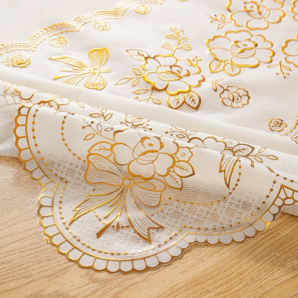 PVC Bronz Desenli Masa Örtüsü - Altın-1 Oval 150x228cm - 5