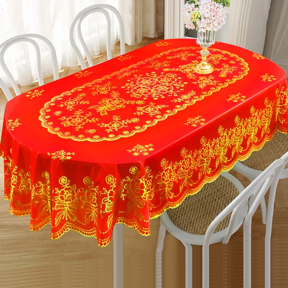 PVC Bronz Desenli Masa Örtüsü - Güller Altın Kırmızı Oval 137x183cm