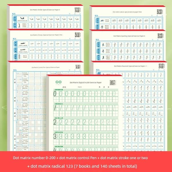 Çocuklar için Dijital Kalem Kontrolü ve Kaligrafi Alıştırma Tahtası - Sayılar 0-200 ve Nokta Matris Kontrol Kalemi Seti (7 adet/140 sayfa)