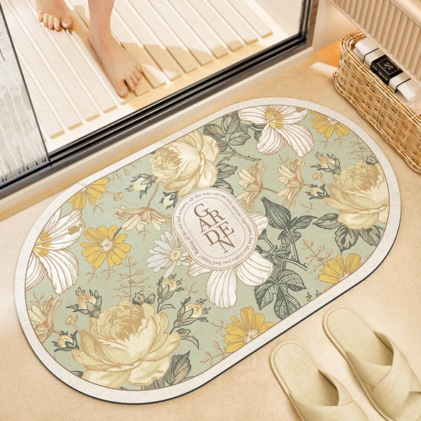 Diyatomlu Banyo Paspası - 50x80cm - Rose Life Yeşil Desenli
