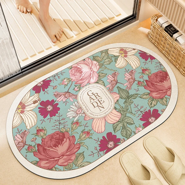 Diyatomlu Banyo Paspası - 40x60cm - No Man's Roses Desenli
