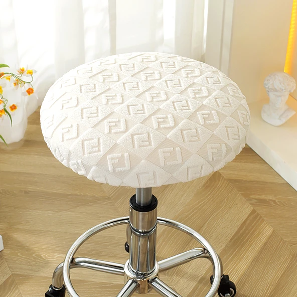 Yuvarlak Tabure Kılıfı - Harf Desenli Bej - 33-38cm