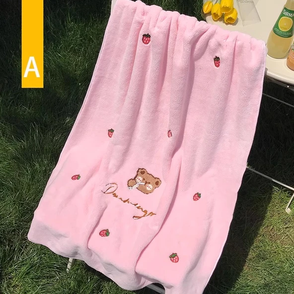 Pembe Sütlü Çay Ayıcık Desenli Banyo Havlusu - 150x75cm