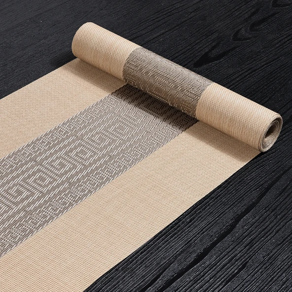 Çin Tarzı Su Geçirmez Çay Masa Örtüsü PVC Zen - Bej 30x240 cm
