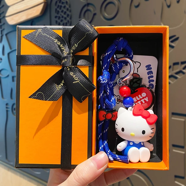 Hello Kitty Mini Çizim Tahtası Anahtarlık - Kırmızı, Mavi ve Beyaz Klasik KT (Turuncu Hediye Kutulu)