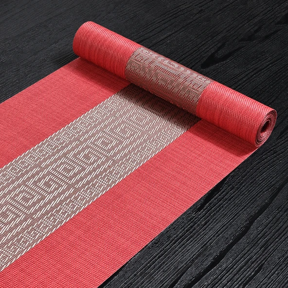 Çin Tarzı Su Geçirmez Çay Masa Örtüsü PVC Zen - Kırmızı 30x120 cm