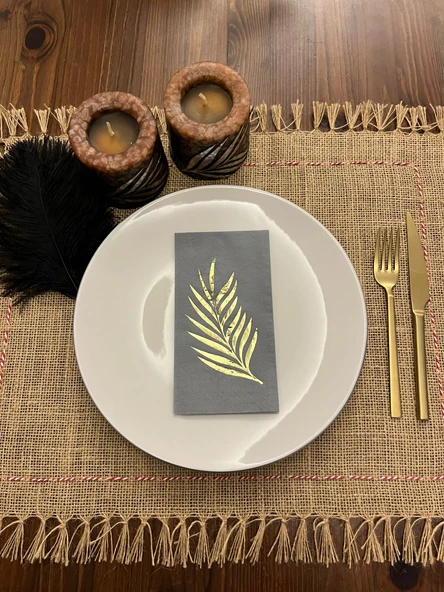 Gold Yaldızlı Gri Yaprak Desenli Peçete 16 Adet ürün görseli 1