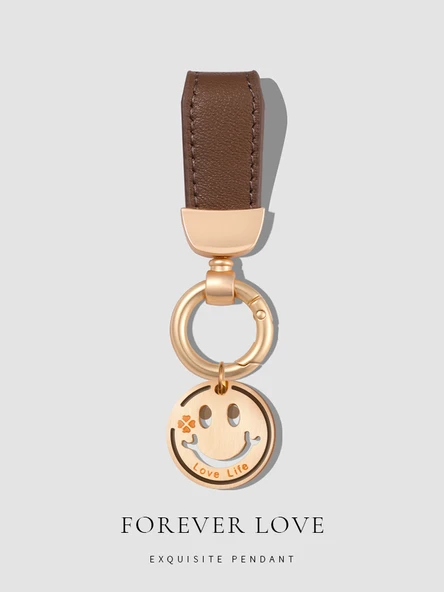 Minimalist Kadın Araba Anahtarlık - Koyu Kahverengi Bej Deri İpli At Nalı Tokalı - 5