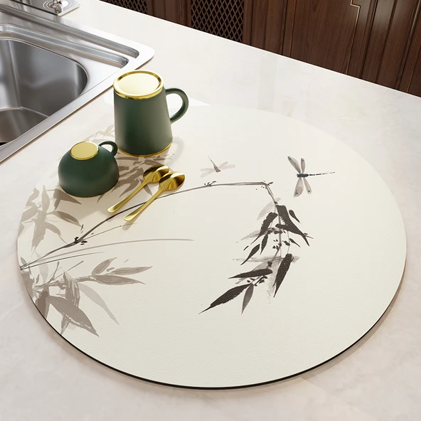 Çin İ mürekkebi Desenli Çay Altlığı - Mürekkep Bambu Yeşili - 25x25cm - Kaymaz Tabanlı