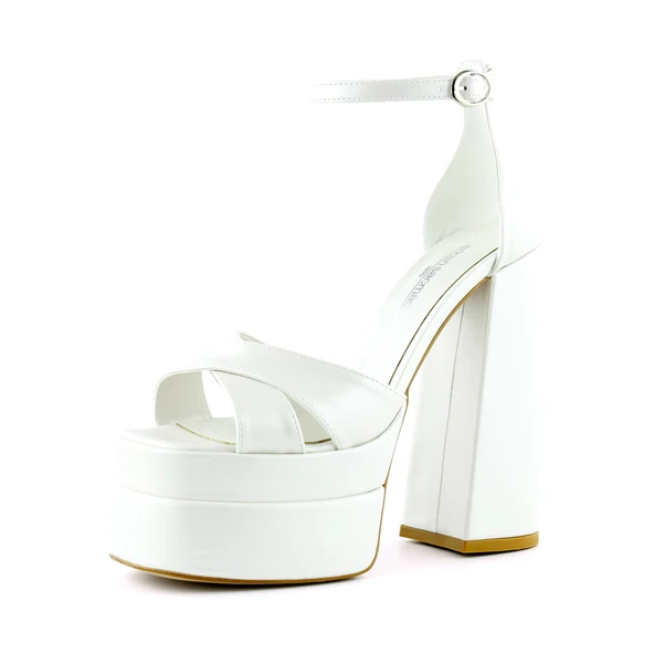 Erkan Saçmacı Celine İnci Beyaz Çapraz Bantlı Çift Platformlu Kalın Topuklu Abiye Gelin Ayakkabısı