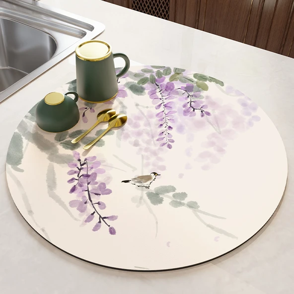 Çin İ mürekkebi Desenli Çay Altlığı - Mürekkep Mor Salkım - 45x45cm - Isı Yalıtımlı Eldivenli