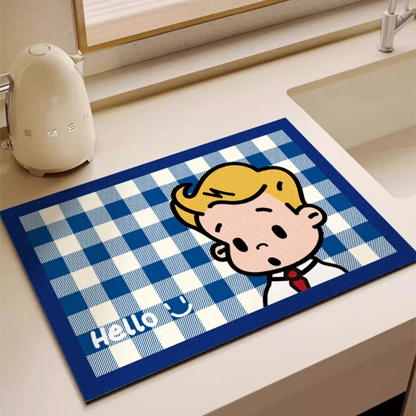 Diatomit Mutfak Tezgahı Su Emici Kurutma Paspası - SPL Mavi Ekose Kaoli 40x60cm