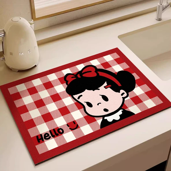 Diatomit Mutfak Tezgahı Su Emici Kurutma Paspası - SPL Kırmızı Ekose Ibe 50x80cm