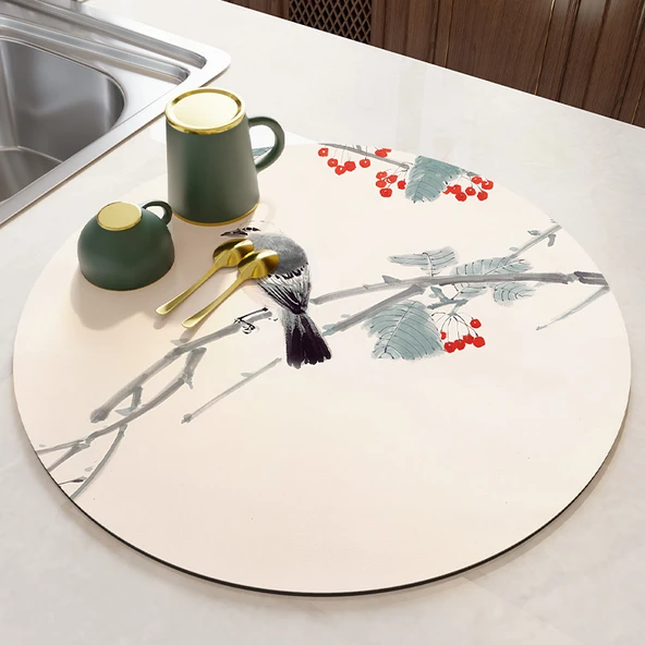Çin İ mürekkebi Desenli Çay Altlığı - Çiçek Desenli - 45x45cm - Isı Yalıtımlı Eldivenli