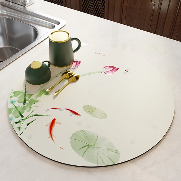 Çin İ mürekkebi Desenli Çay Altlığı - Lotus Pond Yaqu - 25x25cm - Kaymaz Tabanlı