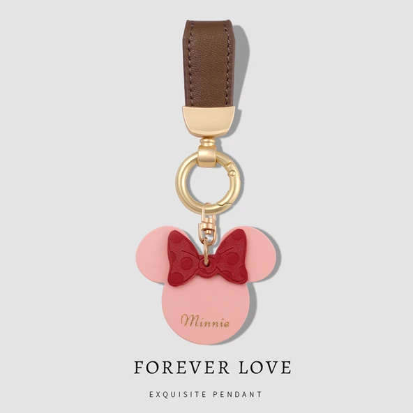Minimalist Kadın Araba Anahtarlık - Koyu Kahverengi Deri İpli Pembe Minnie At Nalı Toka