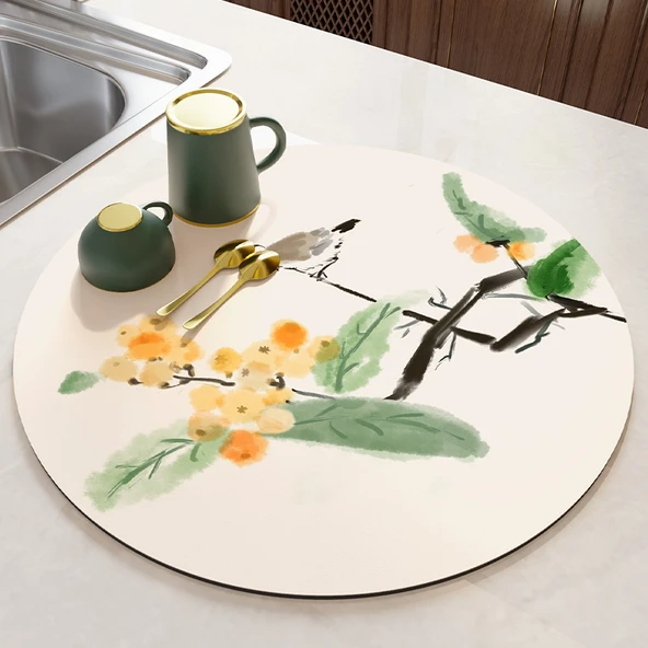 Çin İ mürekkebi Desenli Çay Altlığı - Mürekkep Malta Eriği - 45x45cm - Isı Yalıtımlı Eldivenli