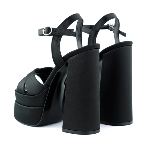 Erkan Saçmacı Whitney Siyah Saten Arkası Açık Çift Platformlu Bantlı Kalın Topuklu Abiye Ayakkabı - 5